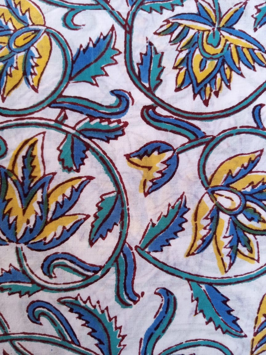 White Base Blue & Yellow Kalamkari Hand Block Printed Pure Cotton Fabric - JBR52