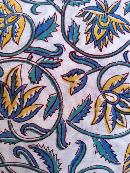 White Base Blue & Yellow Kalamkari Hand Block Printed Pure Cotton Fabric - JBR52