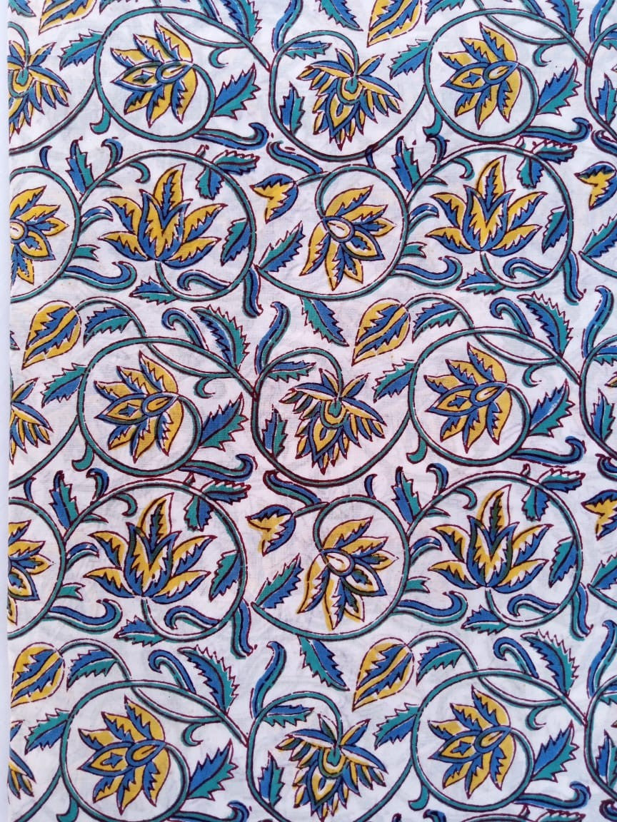 White Base Blue & Yellow Kalamkari Hand Block Printed Pure Cotton Fabric - JBR52
