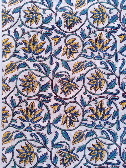 White Base Blue & Yellow Kalamkari Hand Block Printed Pure Cotton Fabric - JBR52