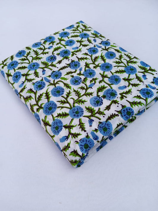 Blue Floral Sanganeri Hand Block Print Cotton Fabric From Tulsi Prints