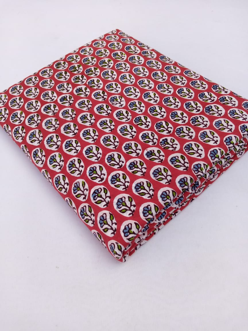 Red with Green & Blue Small Buti Hand Block Printed Pure Cotton Fabric - JBR45