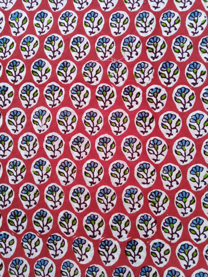 Red with Green & Blue Small Buti Hand Block Printed Pure Cotton Fabric - JBR45