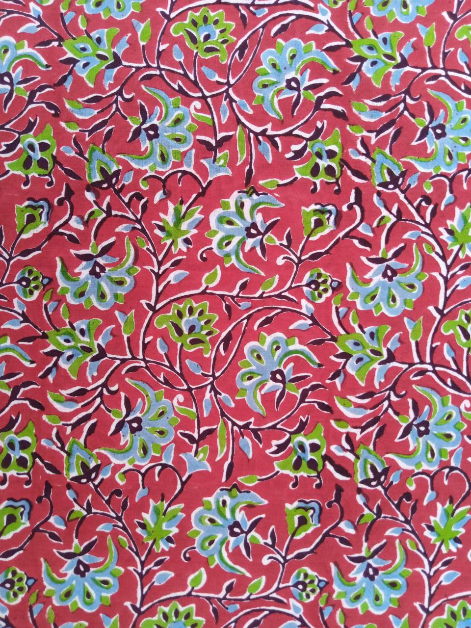 Red Floral Kalamkari Pure Cotton Hand Block Printed Fabric - JBR58