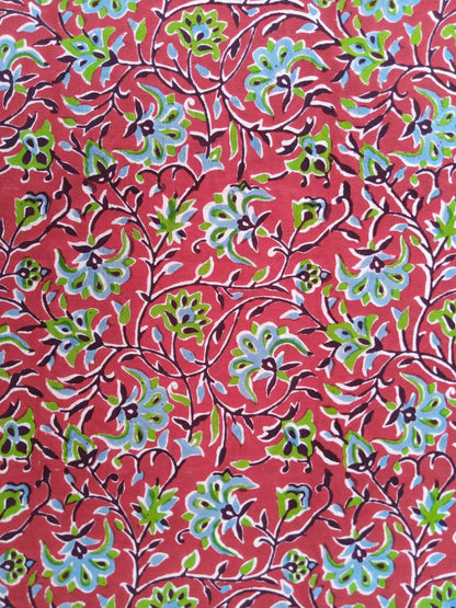 Red Floral Kalamkari Pure Cotton Hand Block Printed Fabric - JBR58