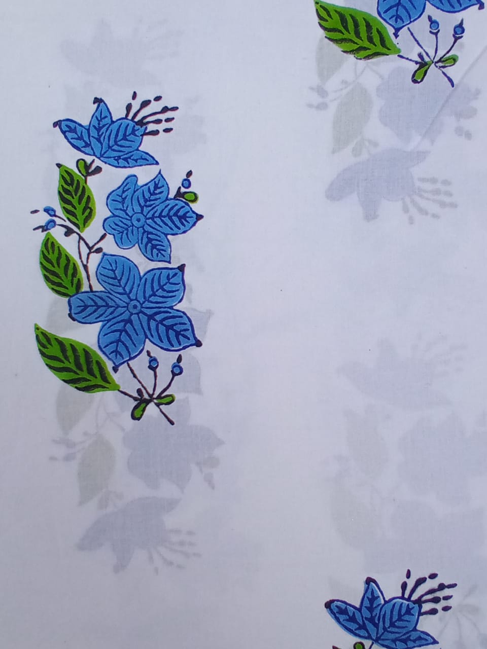 White Base Blue & Green Mughal Buta Pure Cotton Hand Block Printed Fabric - JBR57