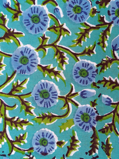 Sea Green with Blue Florals Pure Cotton Hand Block Printed Fabric - JBR59