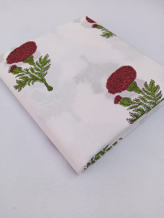 White Red Floral Hand Block Print Pure Cotton Fabric From Tulsi Prints