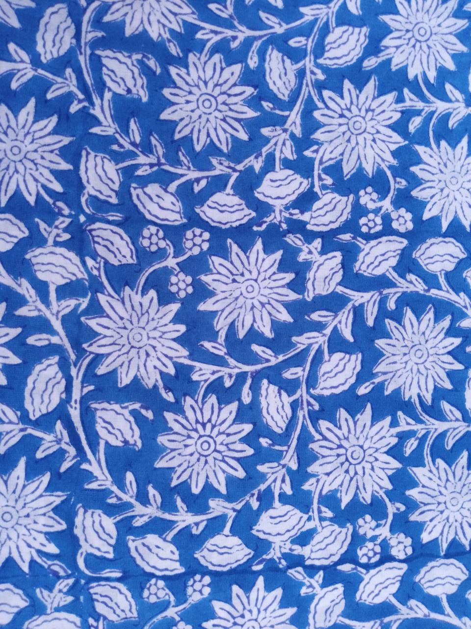 Blue Floral Print Hand Block Pure Cotton Fabric - JBR47