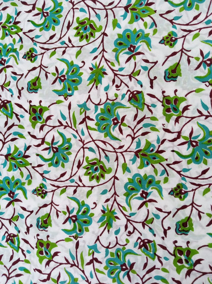 Sea Green White Base Kalamkari Print Hand Block Pure Cotton Fabric - JBR48