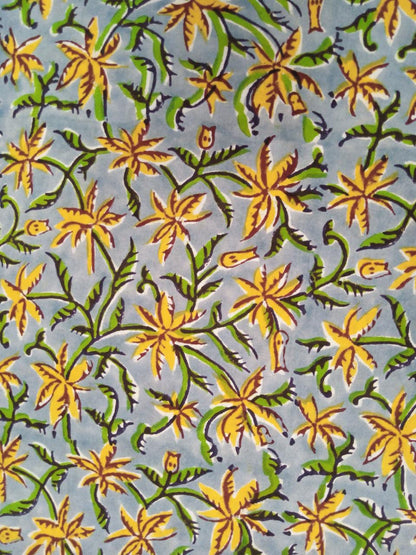 Gray with Yellow & Green Floral Pattern Hand Block Printed Pure Cotton Fabric - JBR49