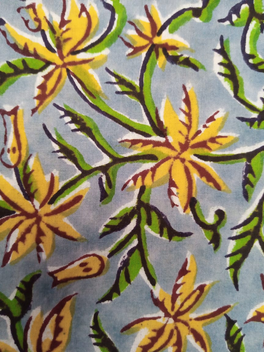 Gray with Yellow & Green Floral Pattern Hand Block Printed Pure Cotton Fabric - JBR49