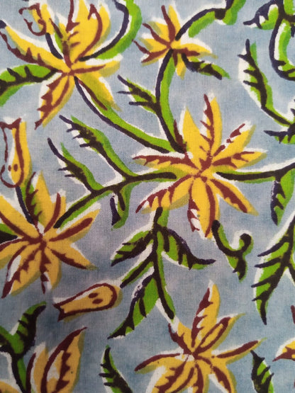 Gray with Yellow & Green Floral Pattern Hand Block Printed Pure Cotton Fabric - JBR49