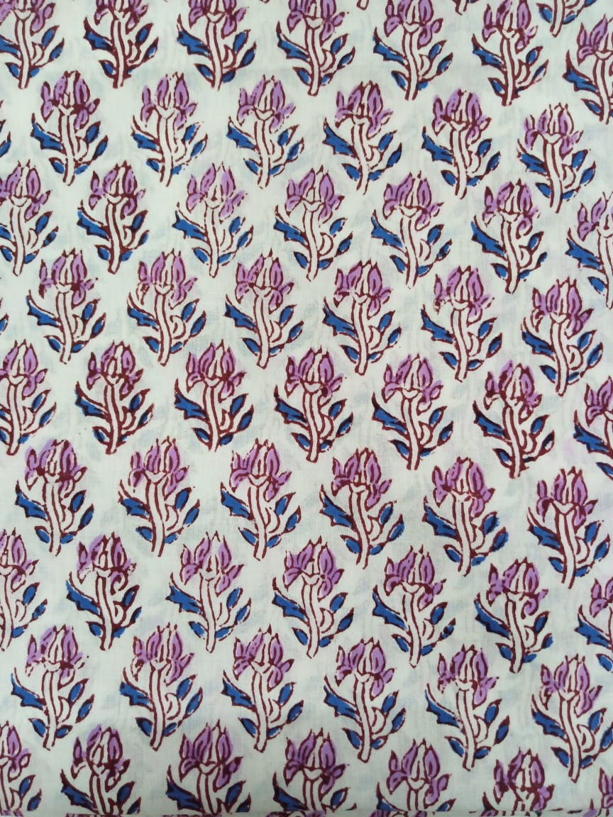 Purple & Blue White Base Buti Pure Cotton Hand Block Printed Fabric - JBR50