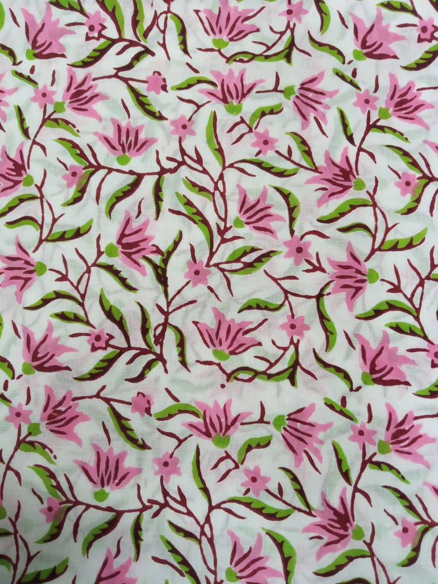 Pink &amp; Green Florals White Base Pure Cotton Hand Block Printed Fabric - JBR51