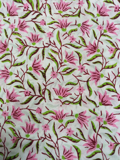 Pink &amp; Green Florals White Base Pure Cotton Hand Block Printed Fabric - JBR51