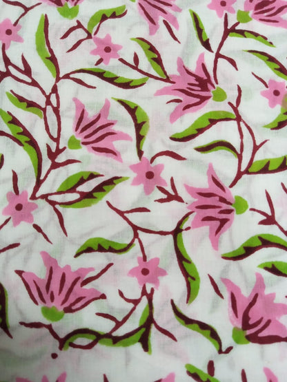 Pink &amp; Green Florals White Base Pure Cotton Hand Block Printed Fabric - JBR51