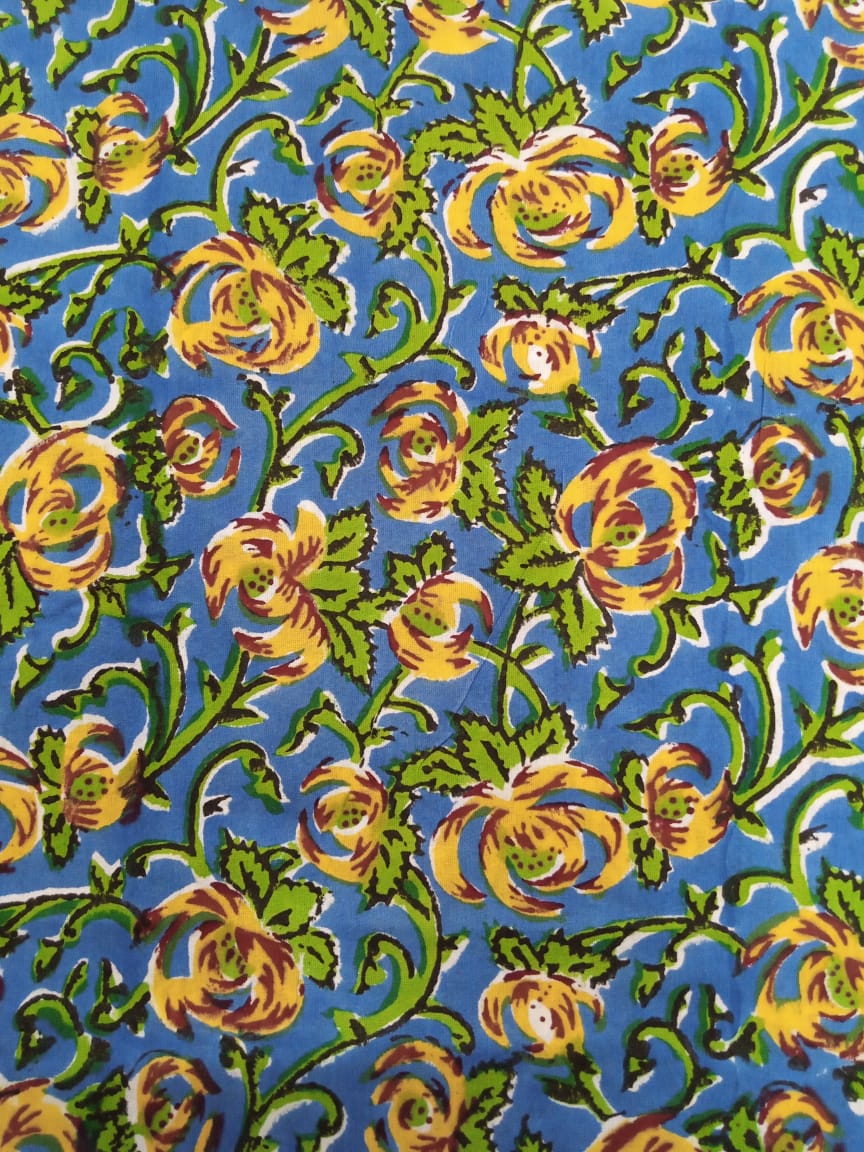 Blue with Yellow & Green Kalamkari Print Pure Cotton Hand Block Printed Fabric - JBR39