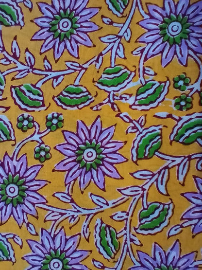 Yellow with Purple Florals Kalamkari Hand Block Printed Pure Cotton Fabric - JBR27