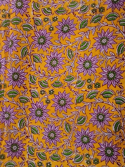 Yellow with Purple Florals Kalamkari Hand Block Printed Pure Cotton Fabric - JBR27