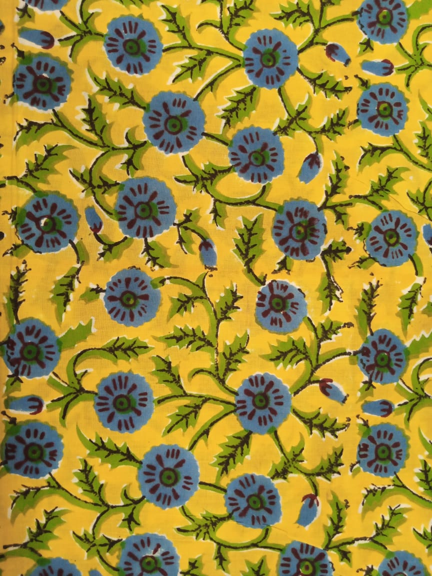 Yellow with Blue Floral Pattern HandBlock Printed Cotton Fabric - JBR20
