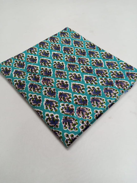 Teal Floral Sanganeri Block Print Cotton Fabric From Tulsi Prints