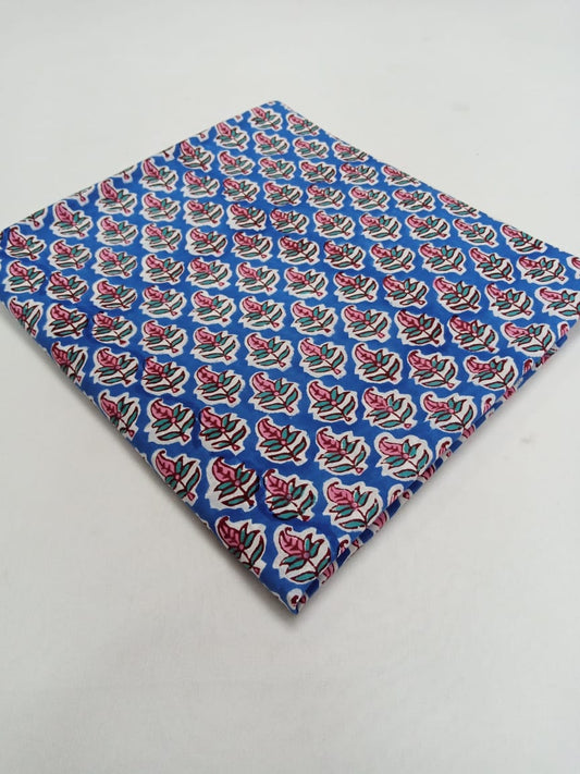 Blue Floral Leaf Sanganeri Hand Block Print Cotton Fabric From Tulsi Prints