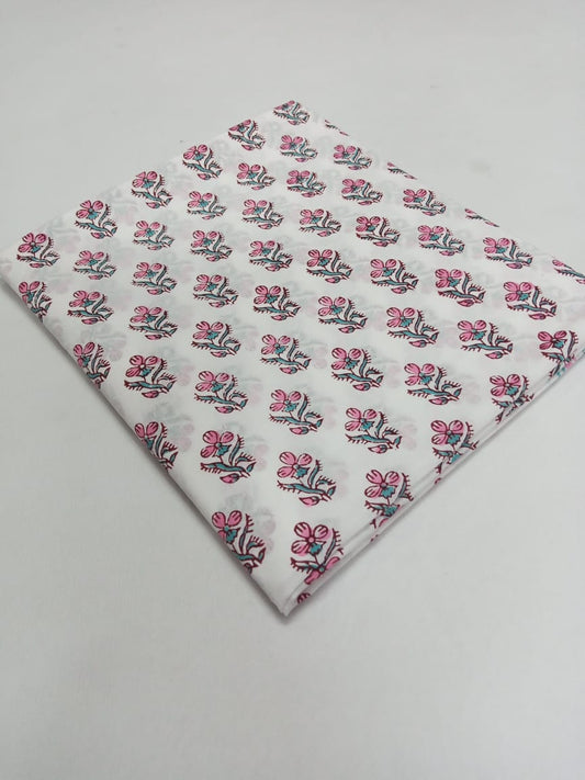White Small Floral Buti Hand Block Print Pure Cotton Fabric From Tulsi Prints