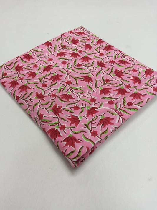 Pink Floral Sanganeri Block Print Pure Cotton Fabric From Tulsi Prints