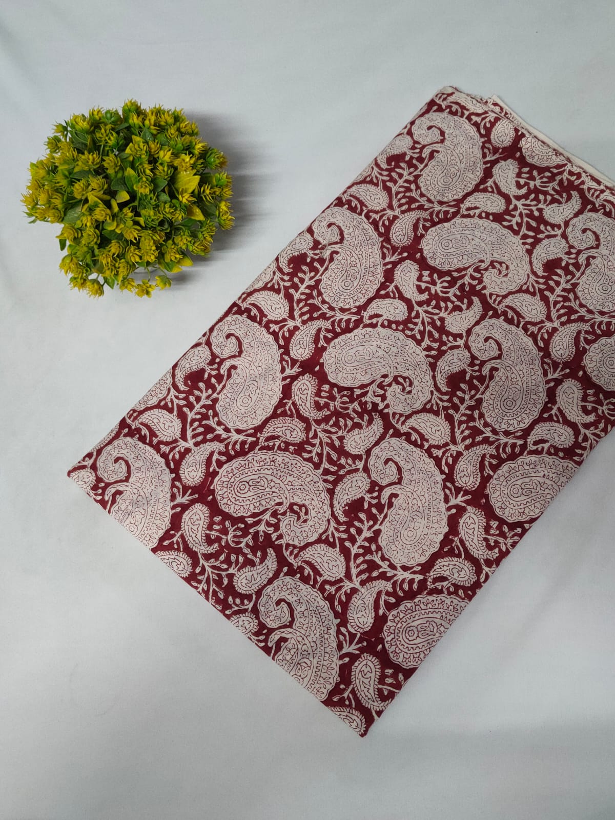 Maroon Paisley Sanganeri Block Print Pure Cotton Fabric From Tulsi Prints