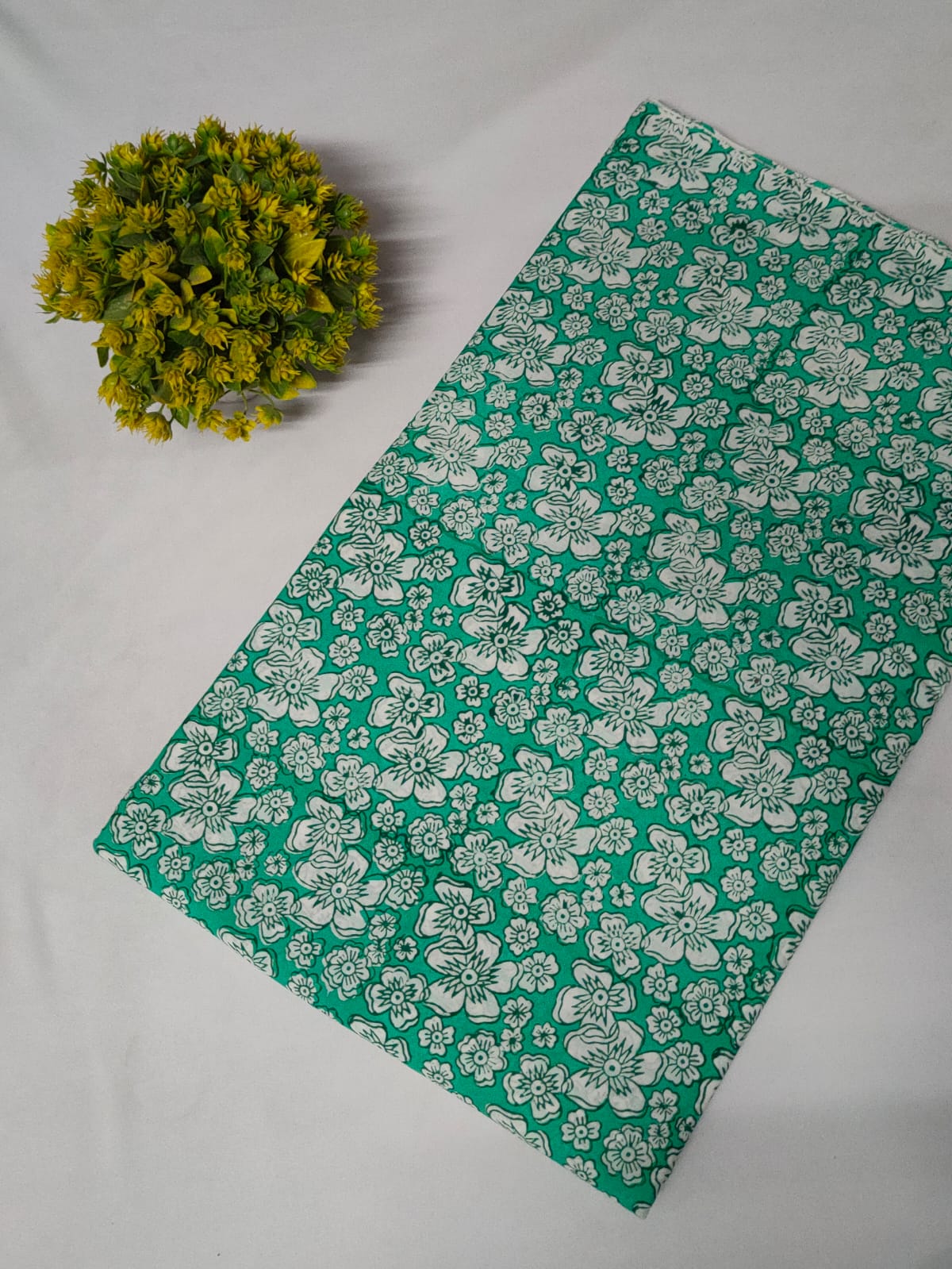Green Floral Sanganeri Hand Block Print Cotton Fabric From Tulsi Prints