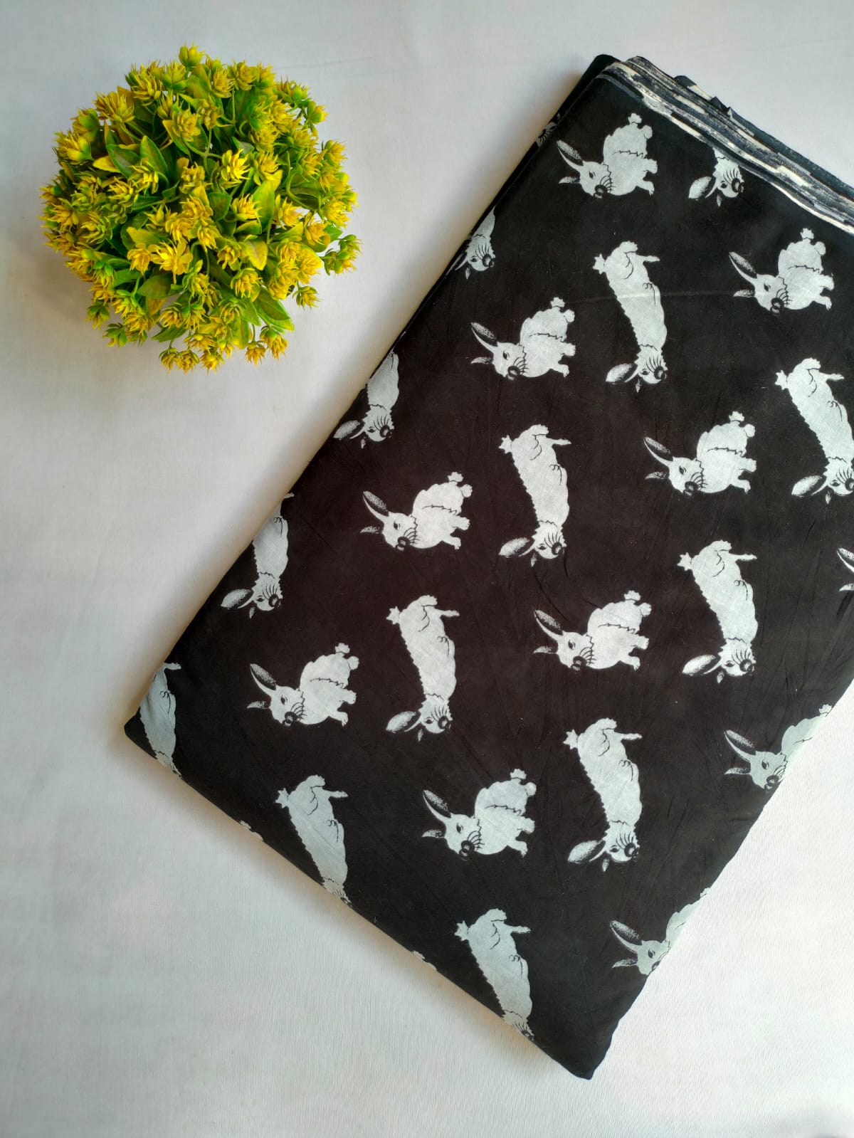 Black Rabbit Motif Screen Print Pure Cotton Fabric From Tulsi Prints