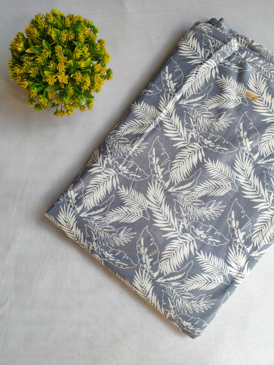 Grey Botanical Leaf Screen Print Pure Cotton Fabric From Tulsi Prints