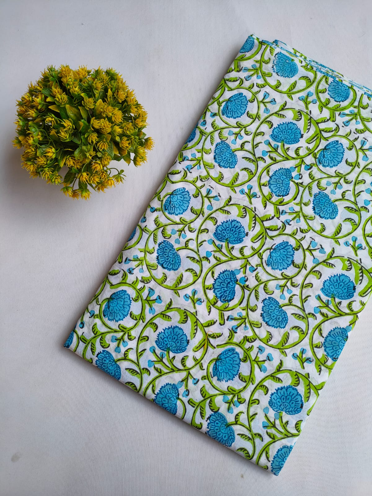 White And Blue Floral Vine Jaipuri Hand Block Print Pure Cotton Fabric From Tulsi Prints