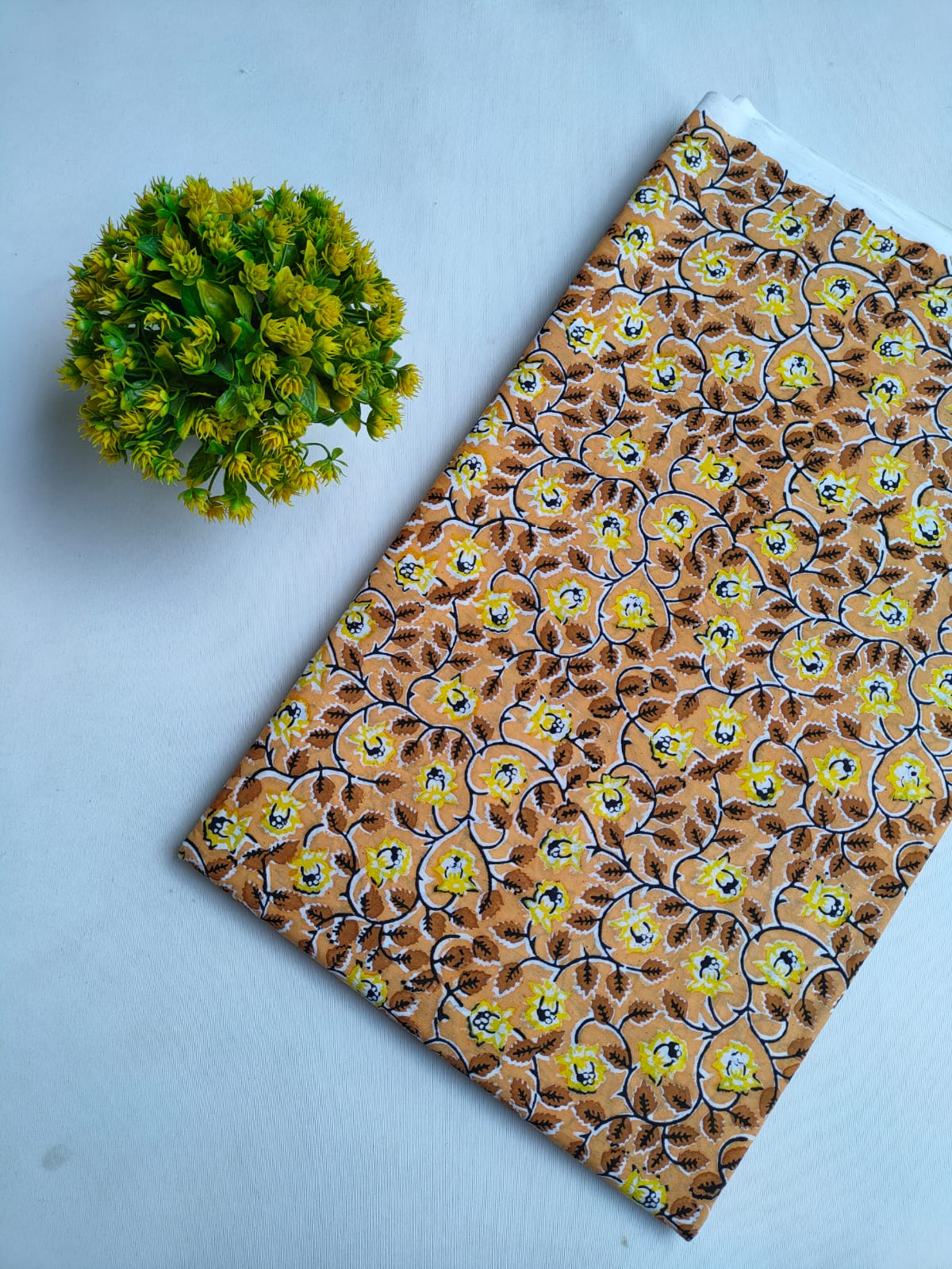 Mustard Yellow Floral Vine Jaipuri Hand Block Print Pure Cotton Fabric Fabric From Tulsi Prints