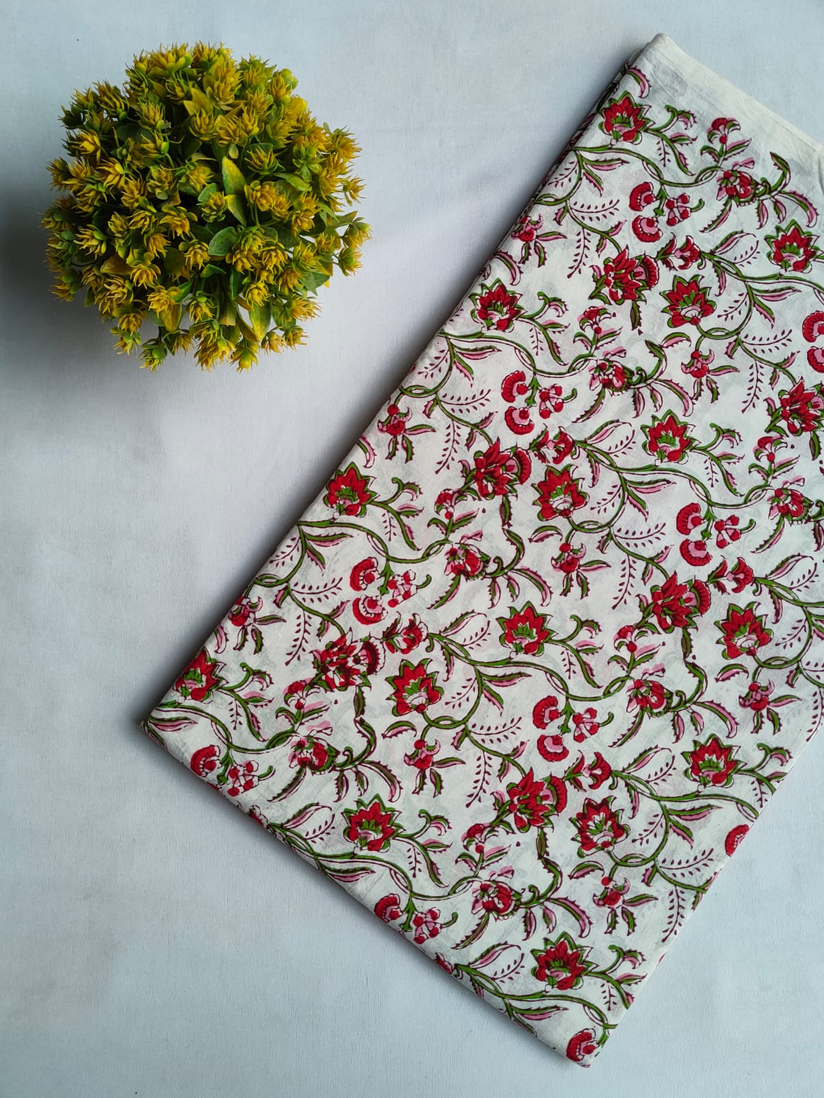 White Floral Sanganeri Hand Block Print Cotton Fabric From Tulsi Prints