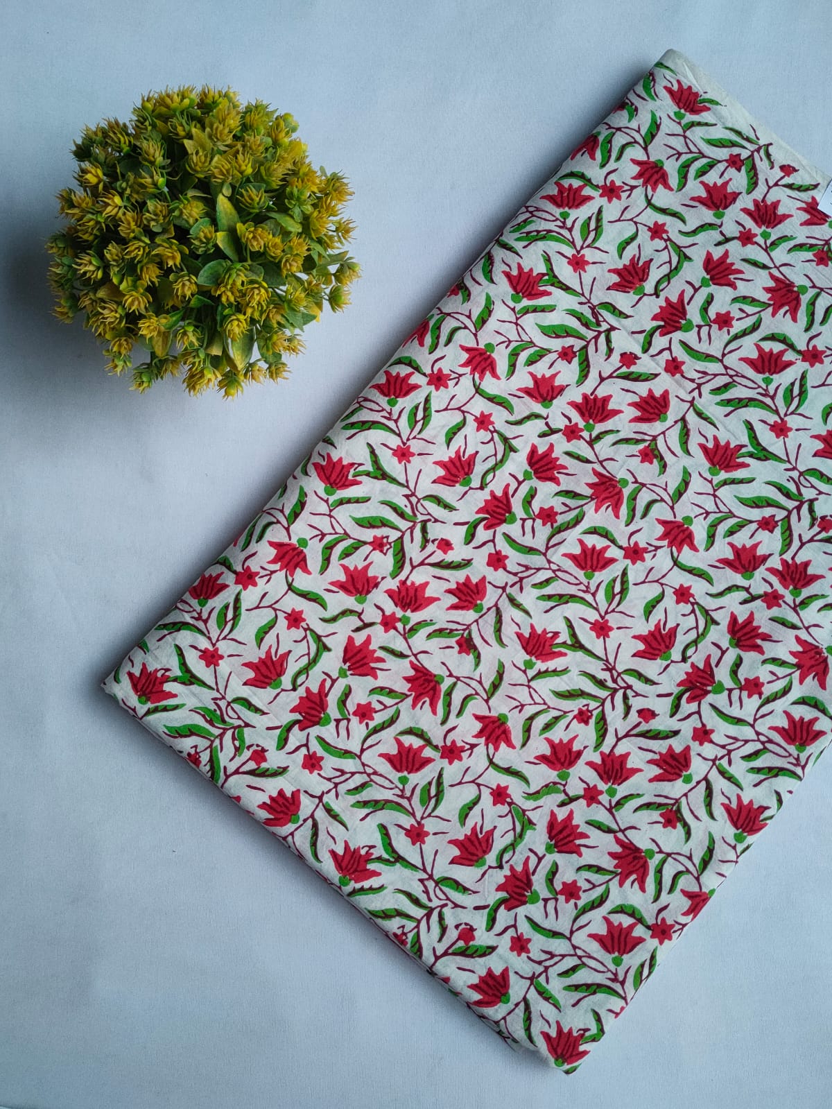 White Floral Sanganeri Hand Block Print Pure Cotton Fabric From Tulsi Prints