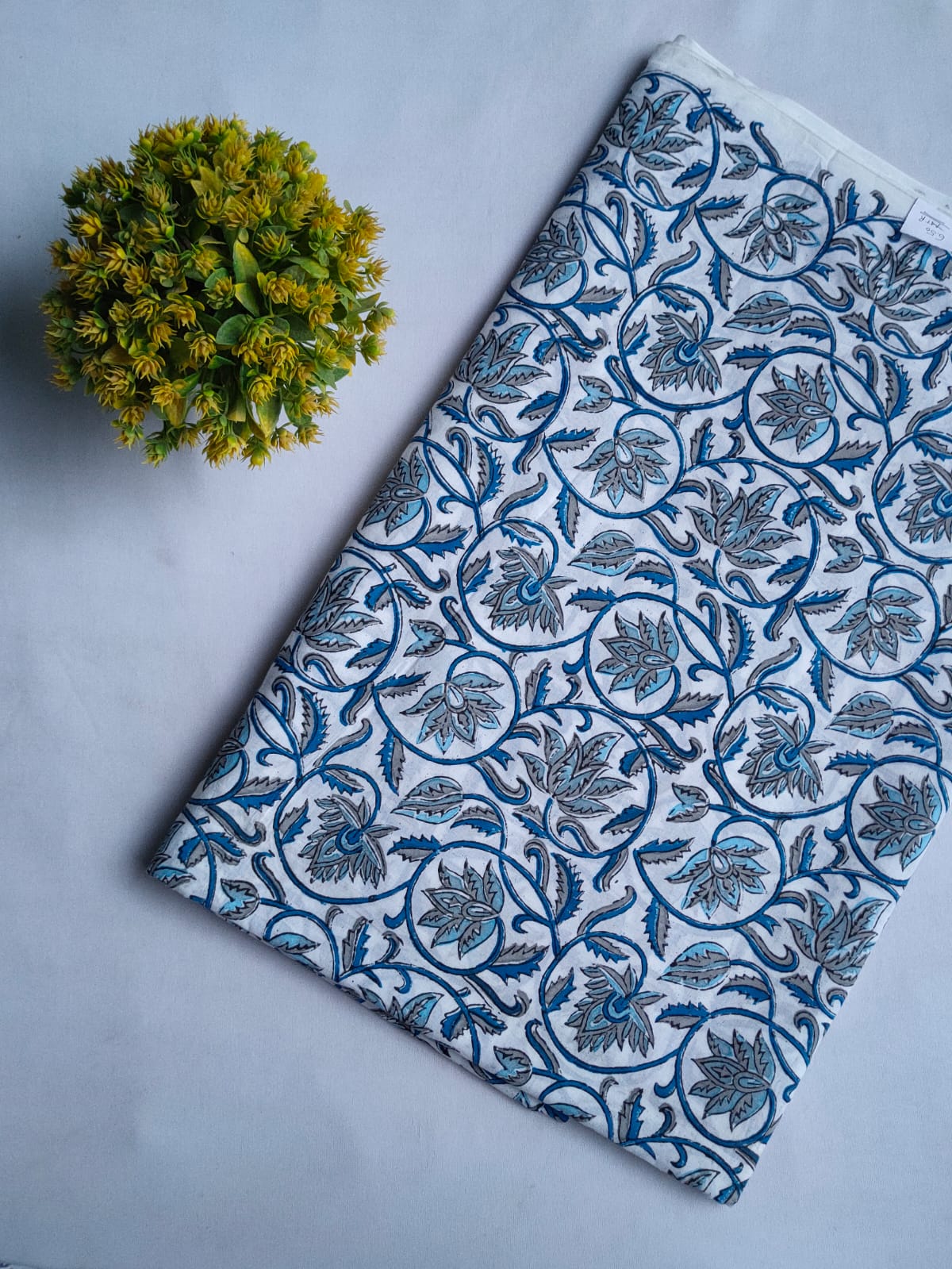 White Blue Floral Sanganeri Block Print Cotton Fabric From Tulsi Prints