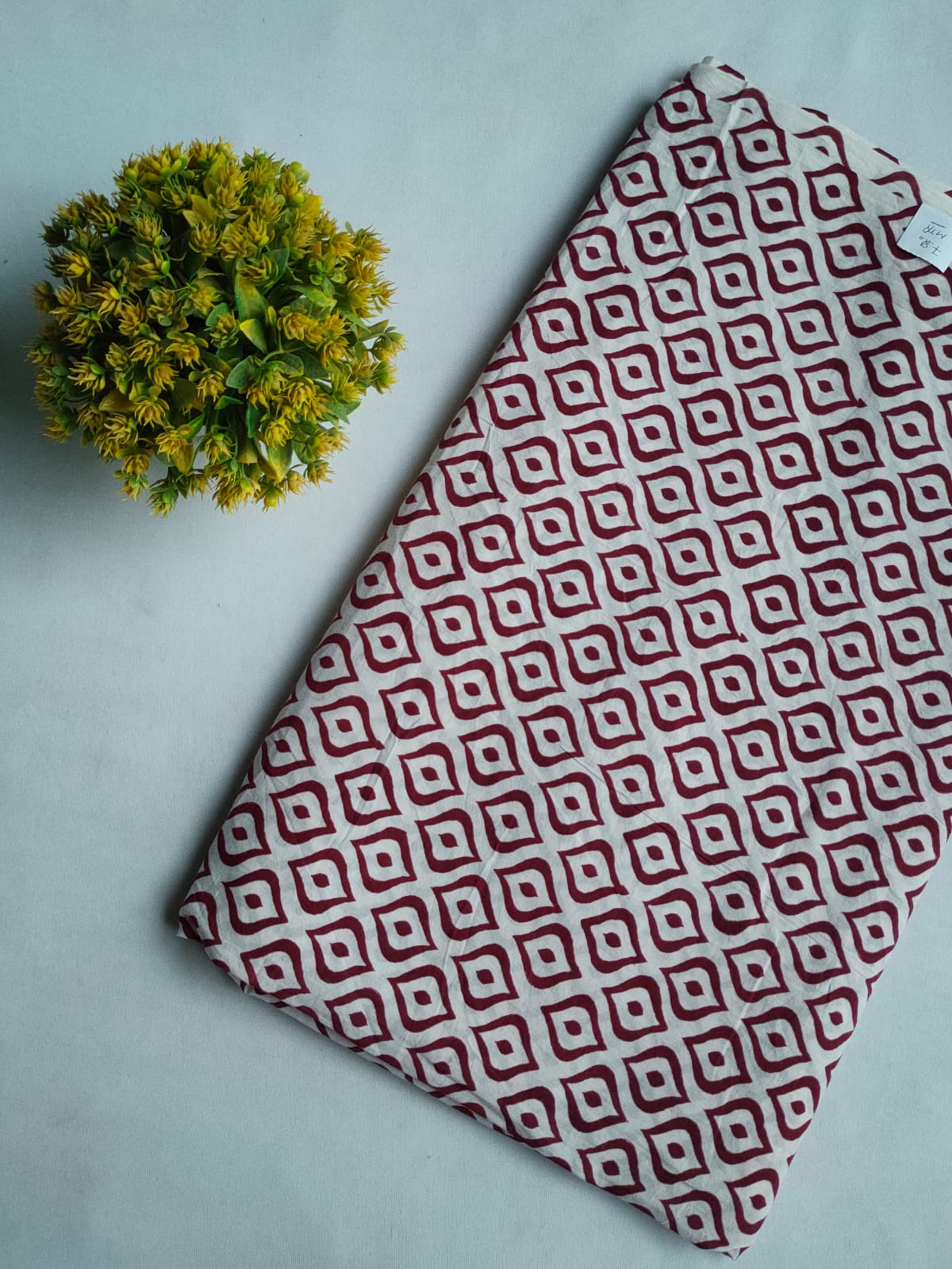 White Red Geometric Sanganeri Block Print Pure Cotton Fabric From Tulsi Prints