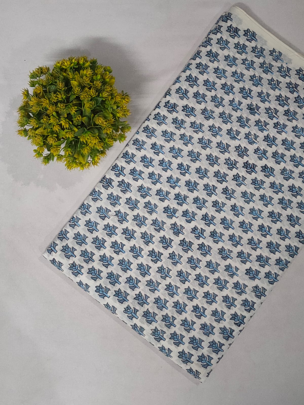 White Blue Floral Sanganeri Hand Block Print Cotton Fabric From Tulsi Prints
