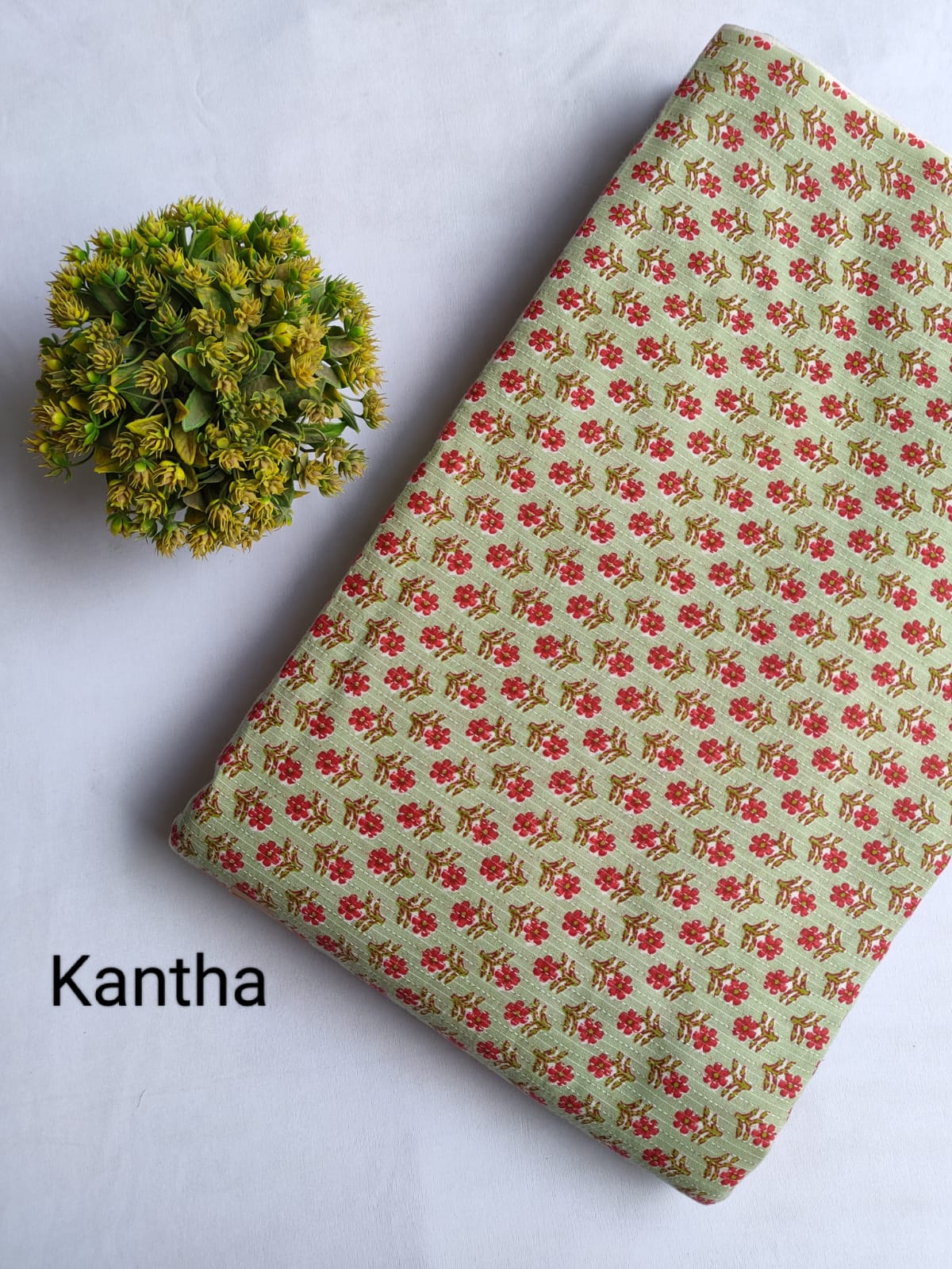 Mint Green Floral Sprig Screen Print Pure Cotton Fabric From Tulsi Prints