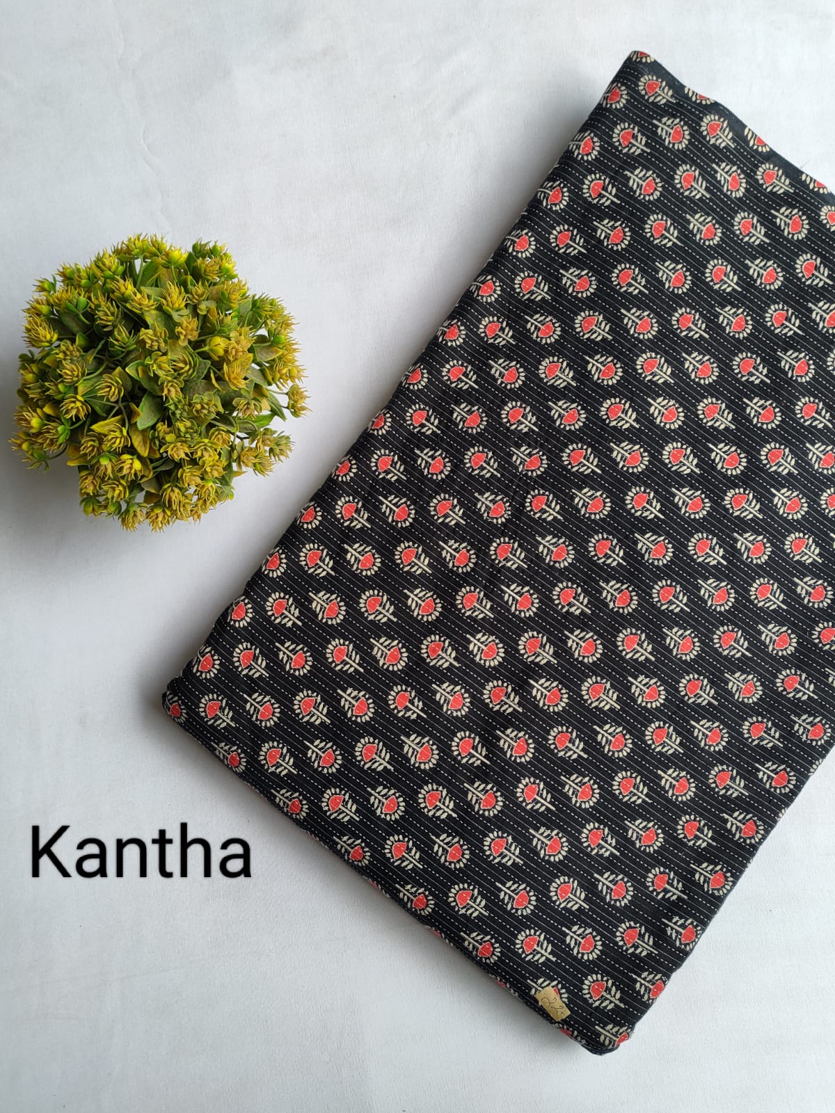 Black Floral Motif Kantha Screen Print Pure Cotton Fabric From Tulsi Prints