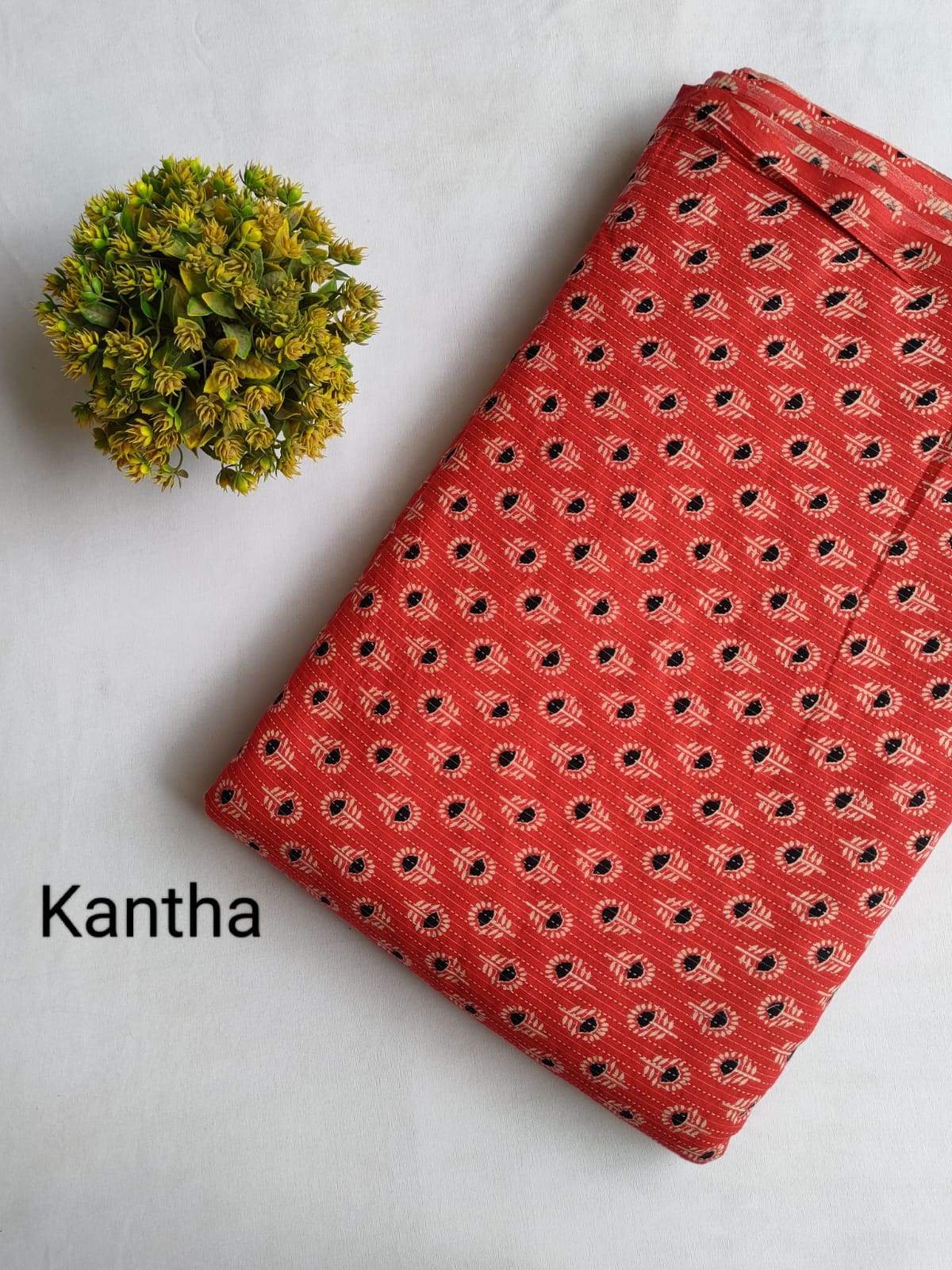 Red Kantha Motif Screen Print Pure Cotton Fabric From Tulsi Prints