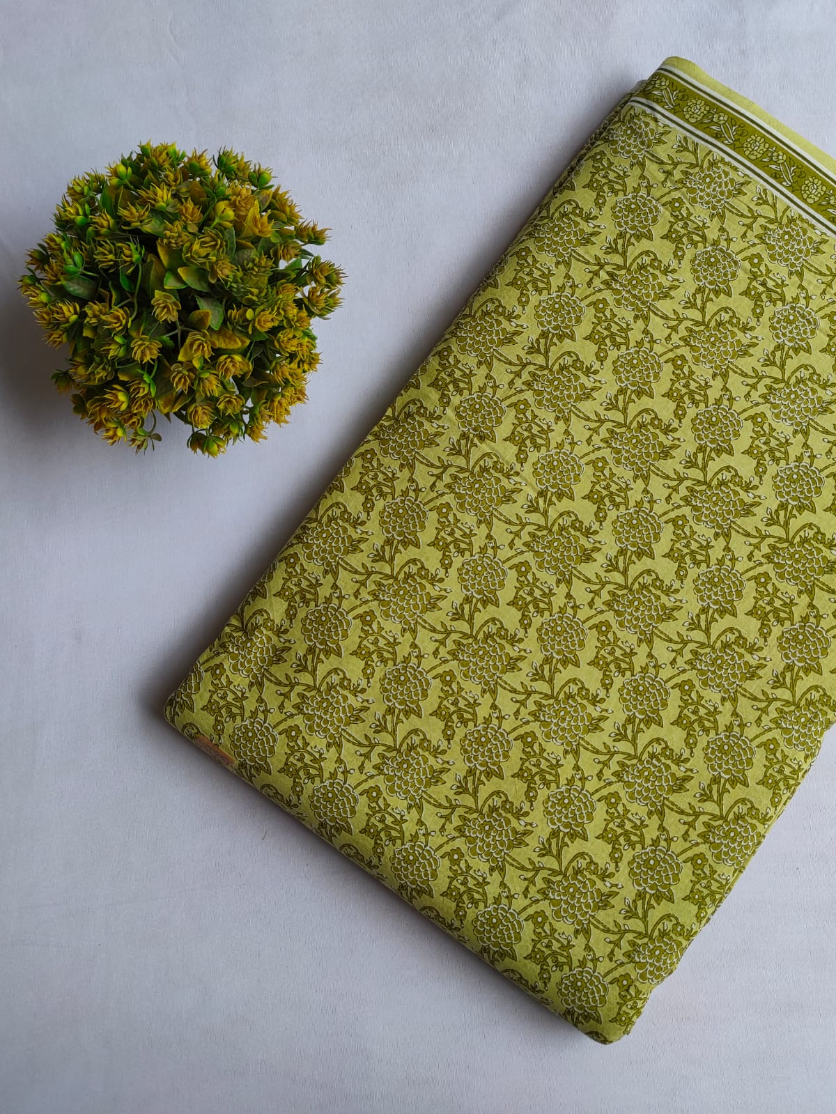Olive Green Floral Vine Screen Print Pure Cotton Fabric From Tulsi Prints