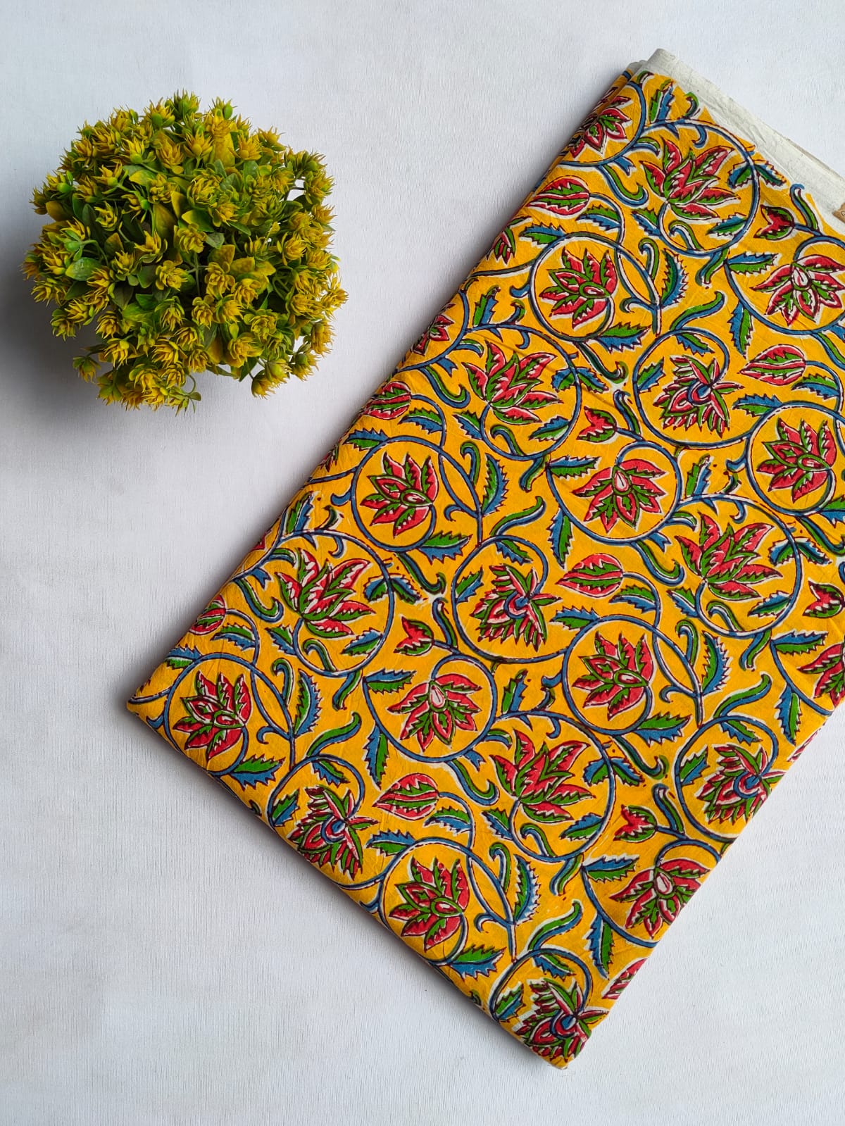 Yellow Floral Sanganeri Hand Block Print Cotton Fabric From Tulsi Prints