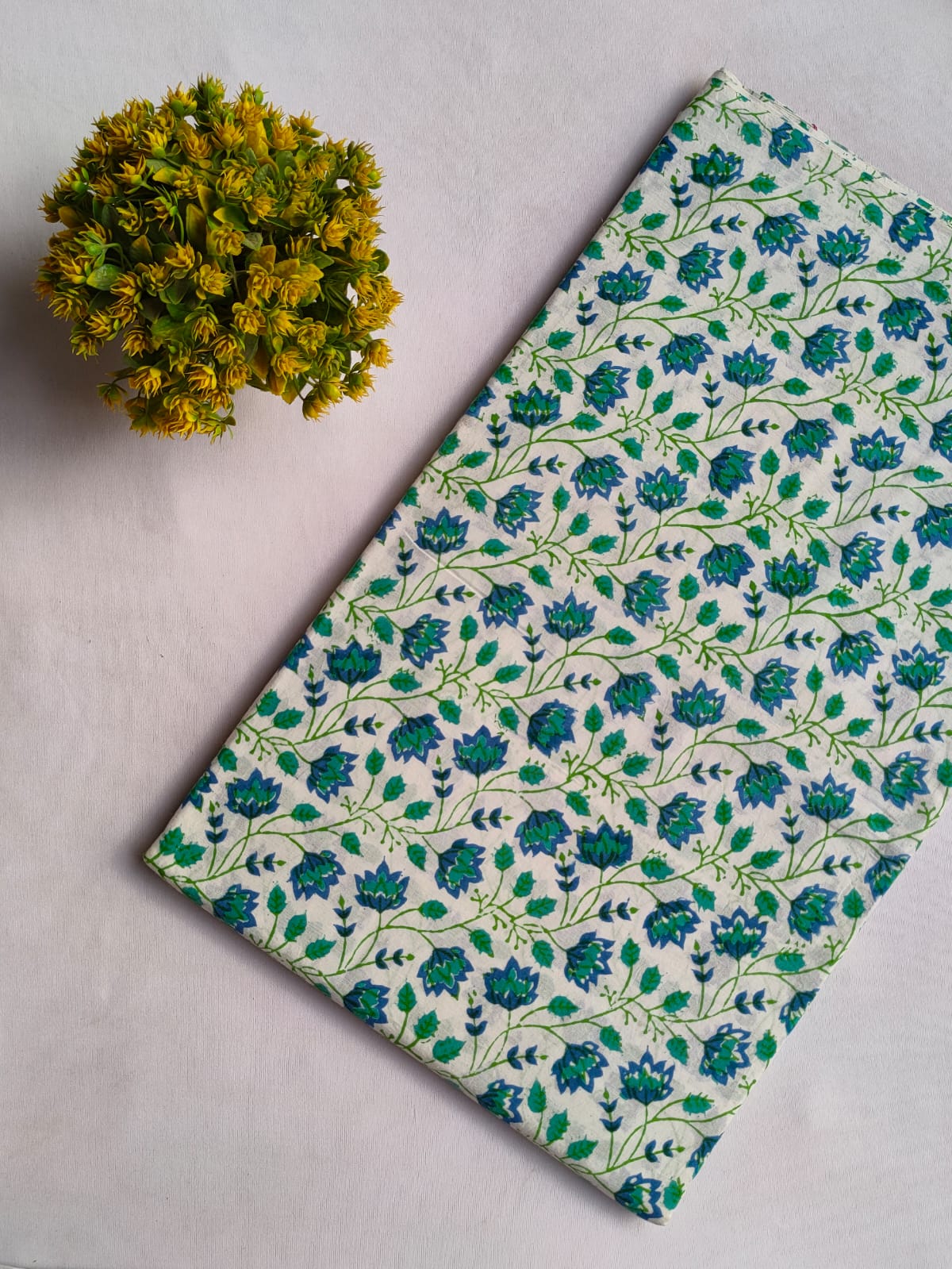 White Blue Floral Sanganeri Hand Block Print Cotton Fabric From Tulsi Prints