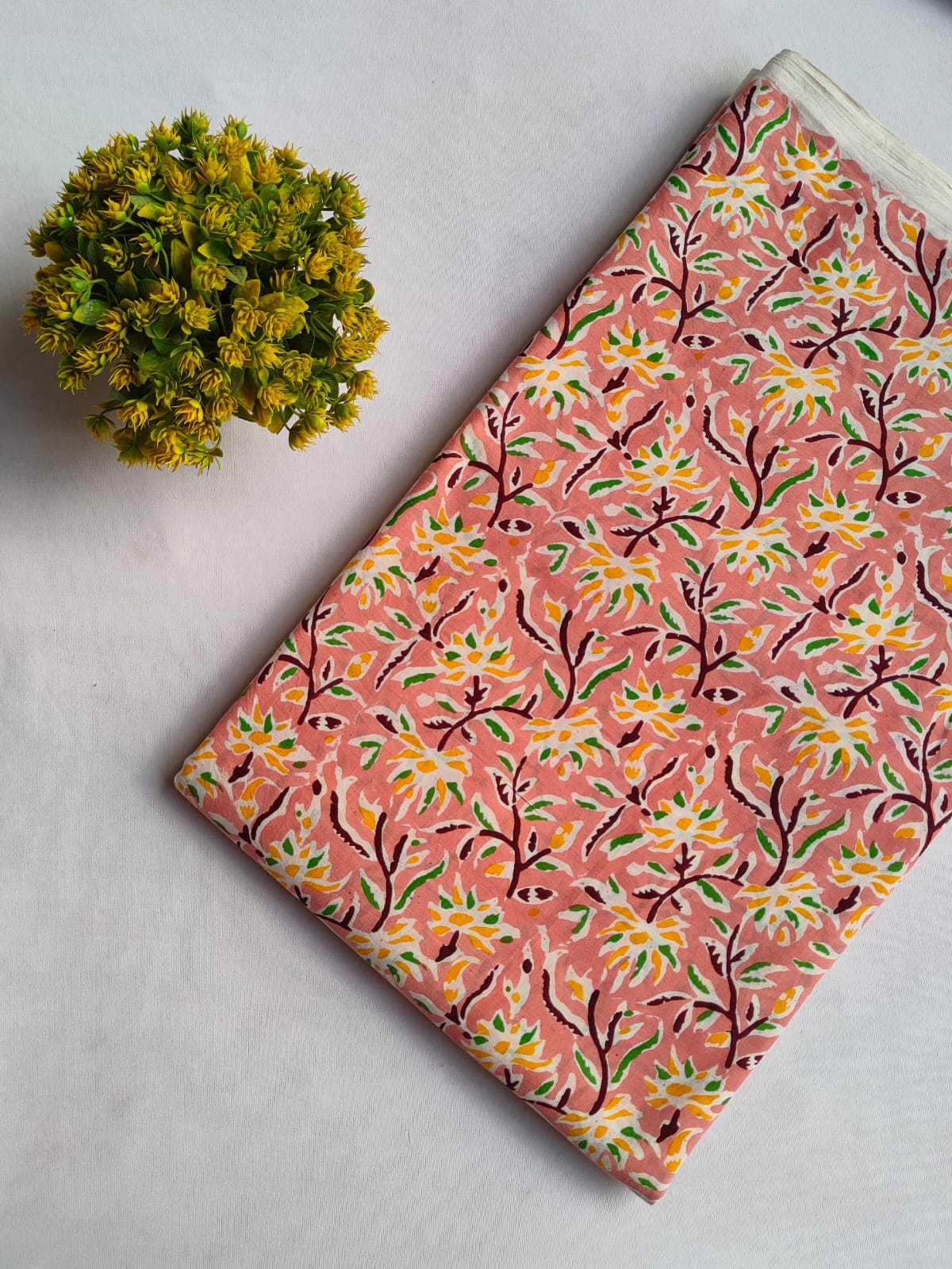 Peach Floral Sanganeri Hand Block Print Cotton Fabric From Tulsi Prints