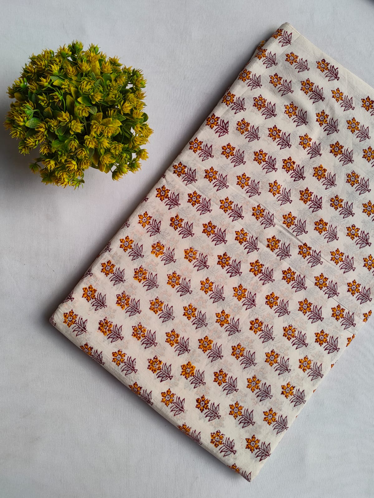 Cream Floral Sanganeri Block Print Pure Cotton Fabric From Tulsi Prints