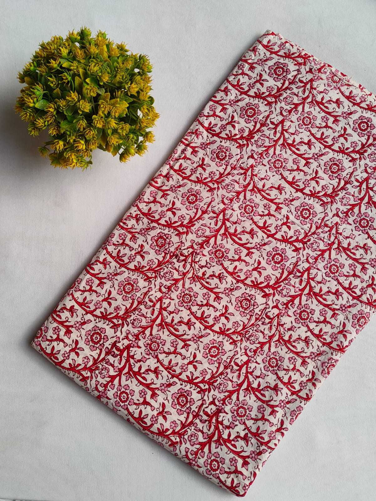 Red Floral Sanganeri Hand Block Print Cotton Fabric From Tulsi Prints