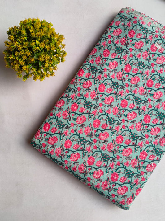 Teal Floral Screen Print Pure Cotton Fabric From Tulsi Prints